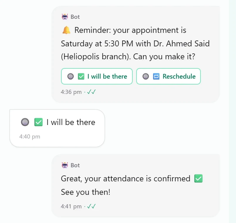 WhatsApp reminder for an appointment on Saturday at 5:30 PM with Dr. Ahmed Said, the patient's reply "I will be there", and the confirmation