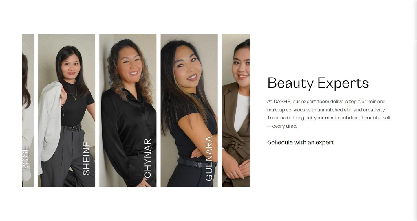 DASHE Beauty “Beauty Experts” section with a “Schedule with an expert” action