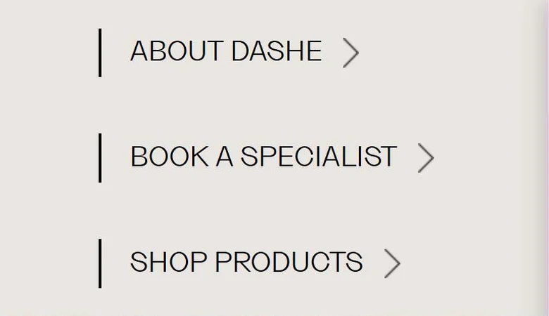DASHE Beauty phone menu with About DASHE, Book a specialist and Shop products