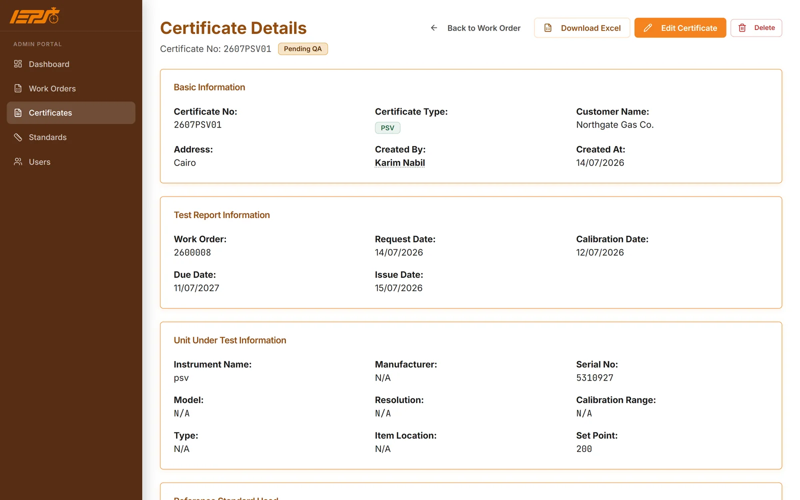 IEPS certificate details for a pressure safety valve test, waiting for QA