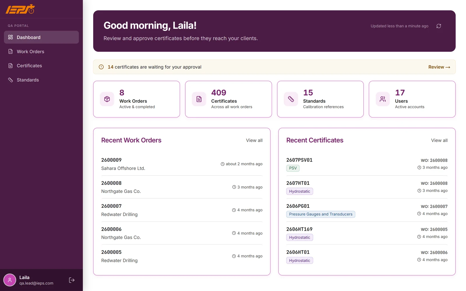IEPS QA portal, where reviewers approve certificates before they reach clients