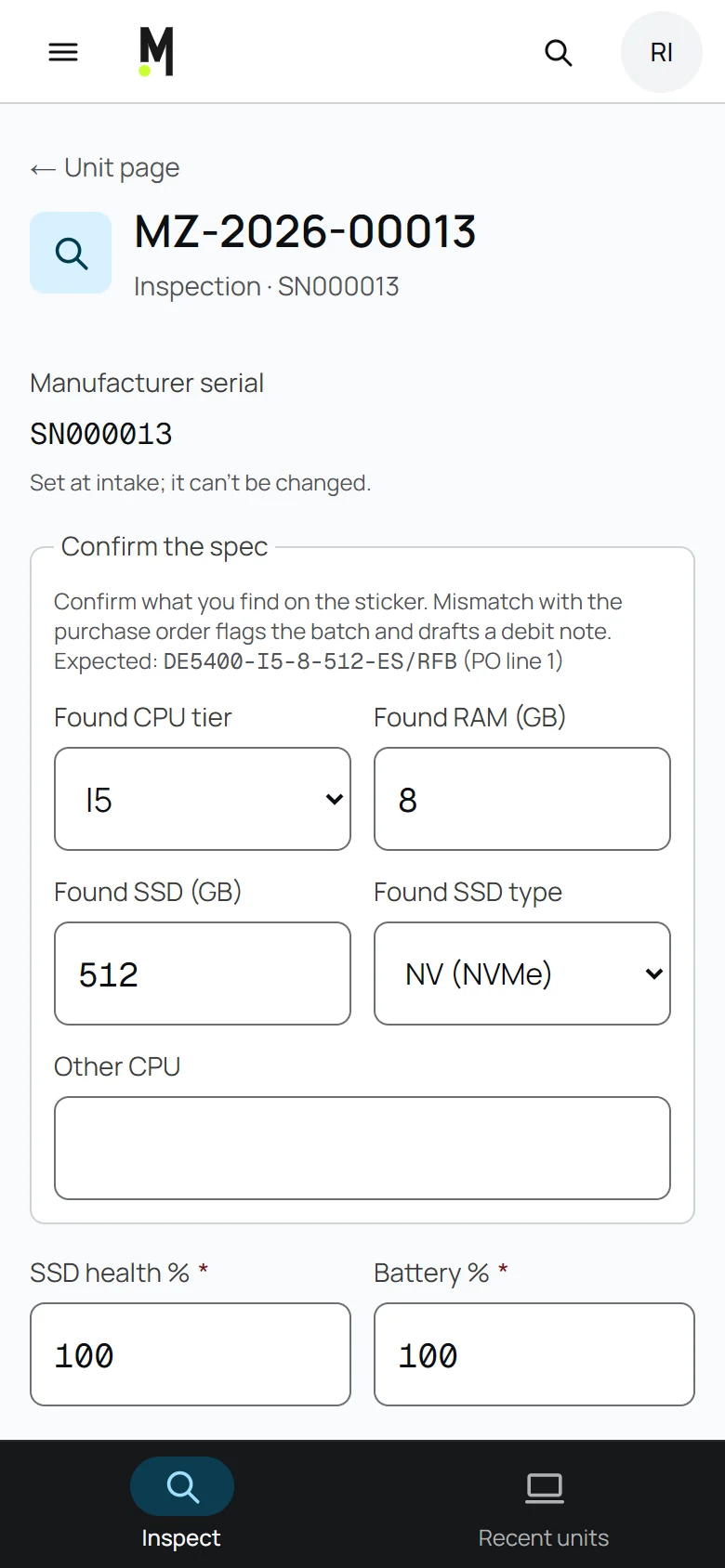 MinzTech inspection form on a phone with the spec check and device checks
