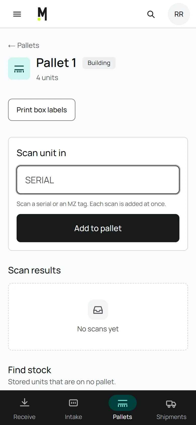 MinzTech pallet on a phone, scanning laptops in