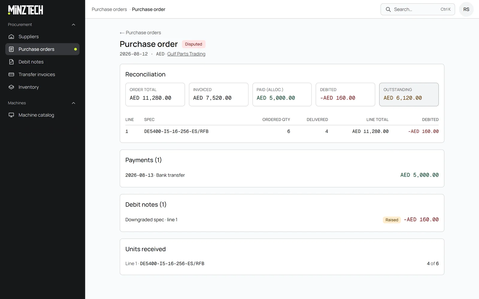 MinzTech purchase order reconciliation: ordered, invoiced, paid, debited and outstanding