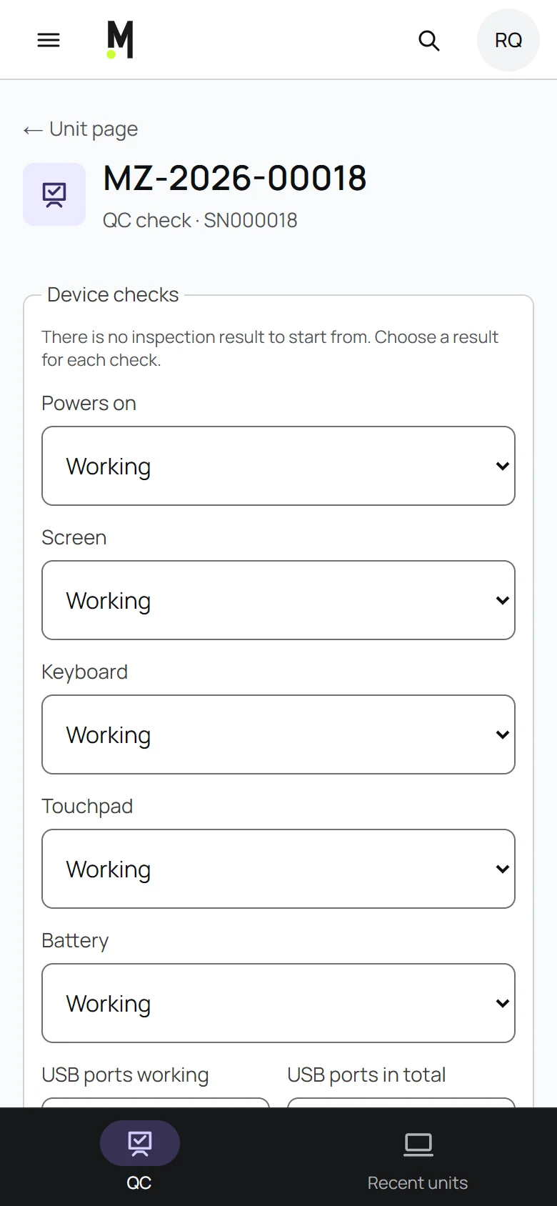 MinzTech QC form on a phone with the device checks