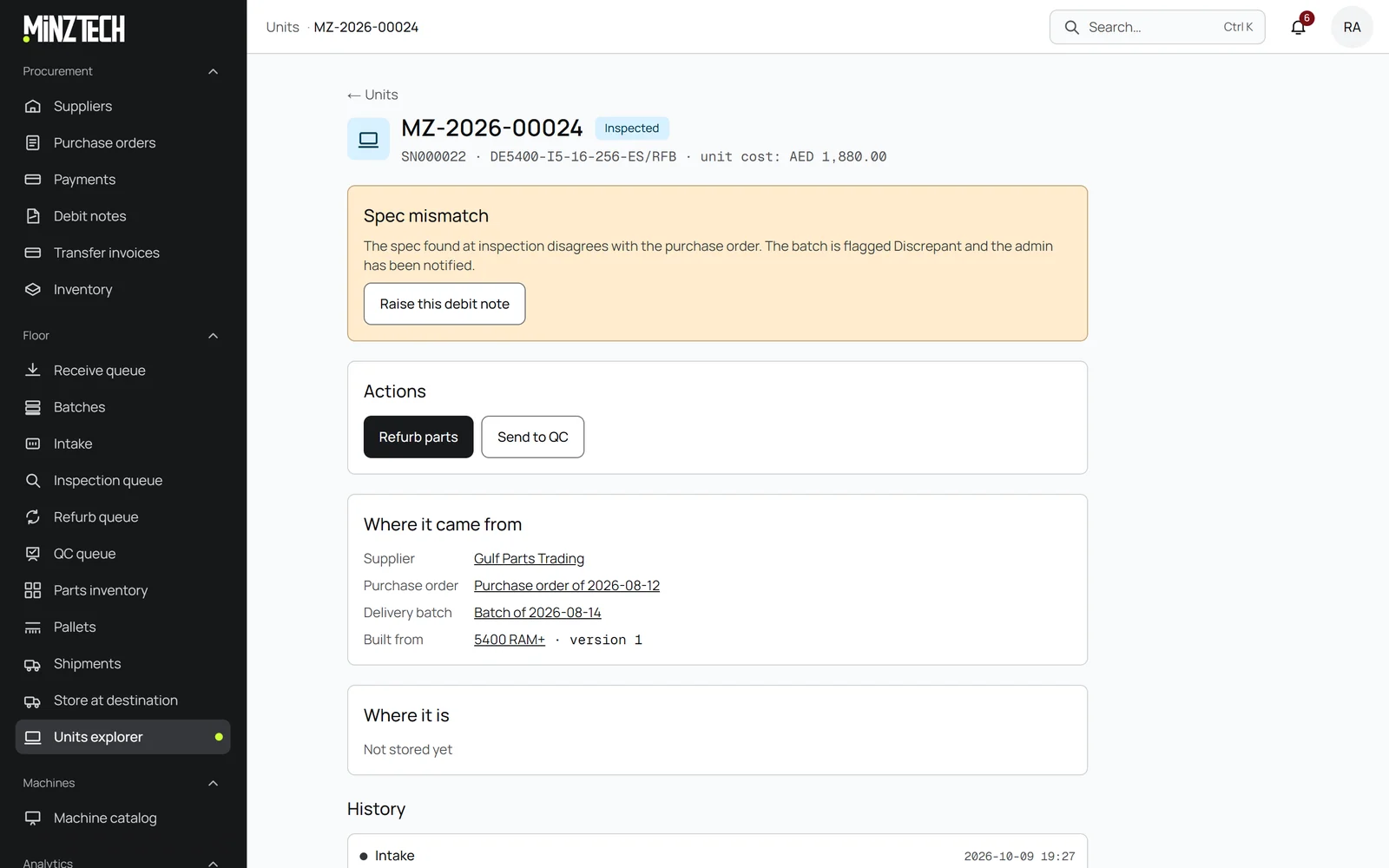 MinzTech unit page with a spec mismatch flag and a button to raise a debit note