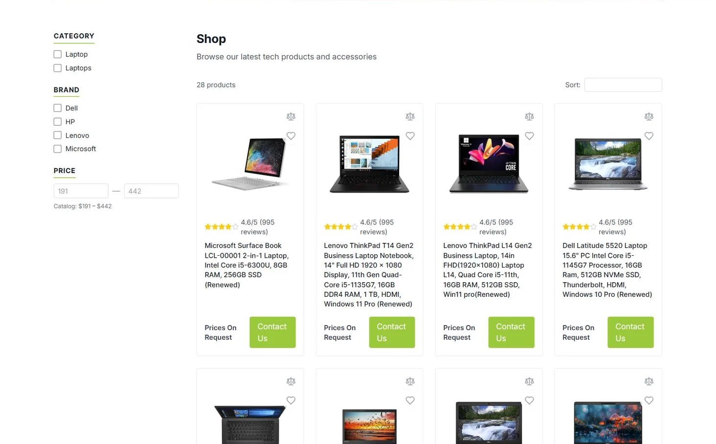MinzTech shop with filters and a grid of refurbished products with detailed specs