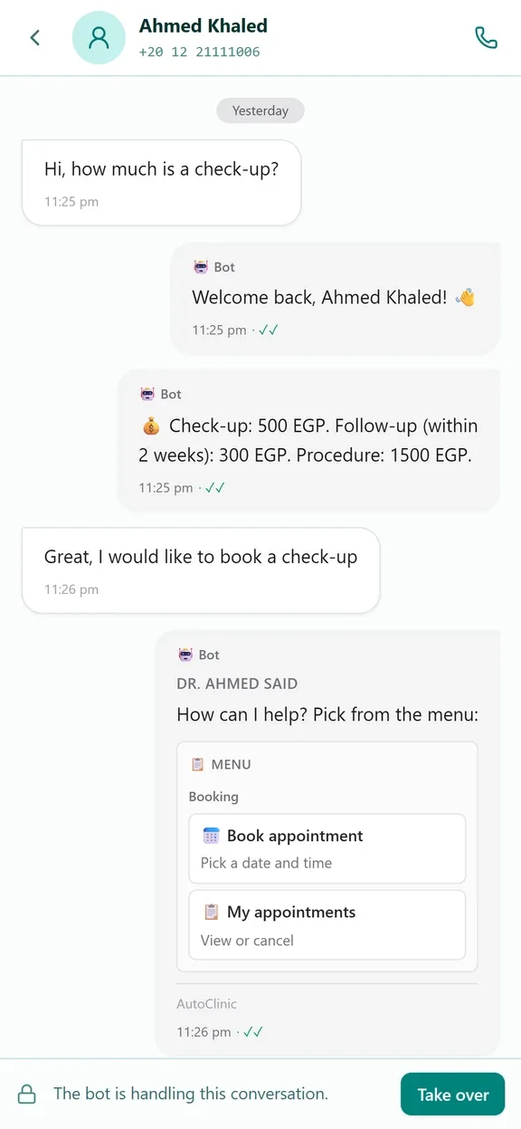 A patient booking an appointment with autoCliniq on WhatsApp