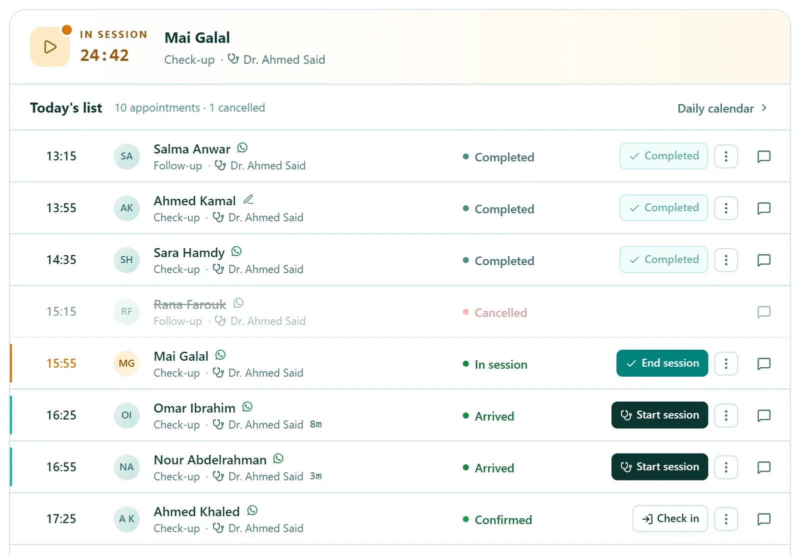 autoCliniq clinic dashboard showing today's schedule with live appointment statuses