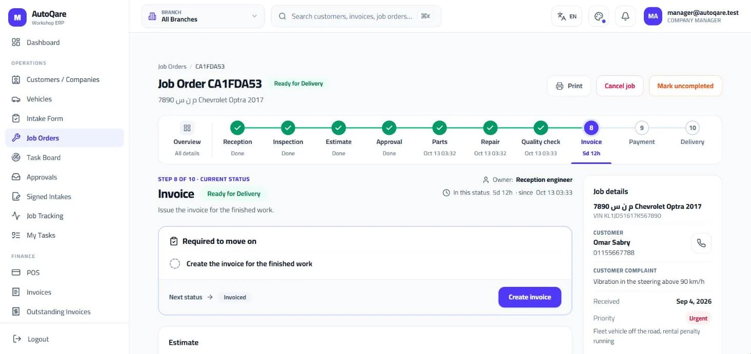 AutoQare job order at step 8 of 10, with the ten steps, the current status and what is required to move on