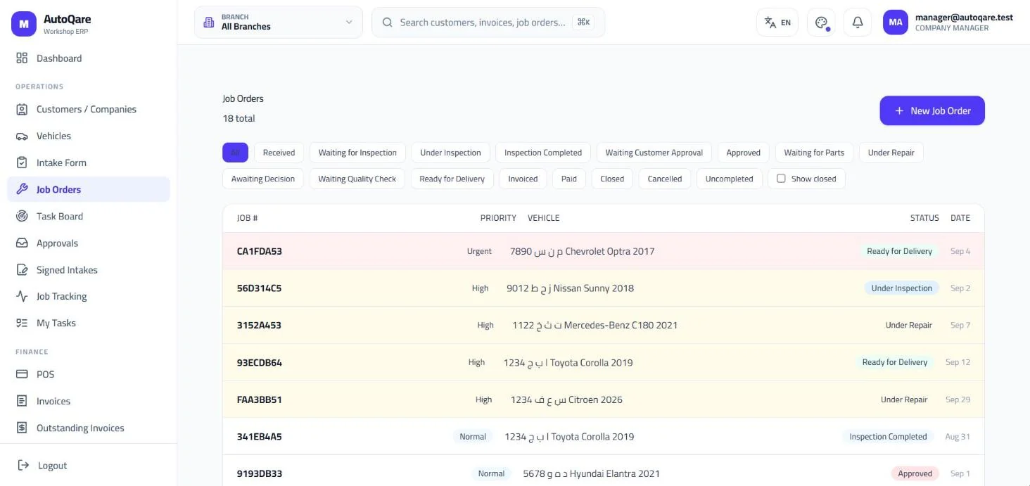 AutoQare job orders list with status filters, priority and vehicle