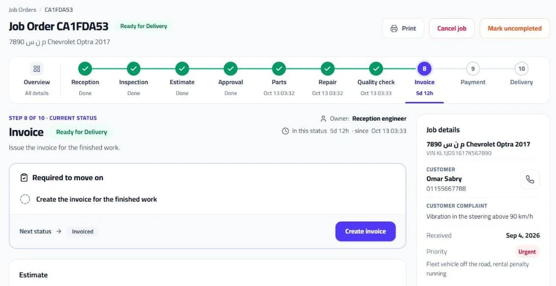 AutoQare job order for a Chevrolet Optra at step 8 of 10, Invoice, with every step from reception to delivery and the job details