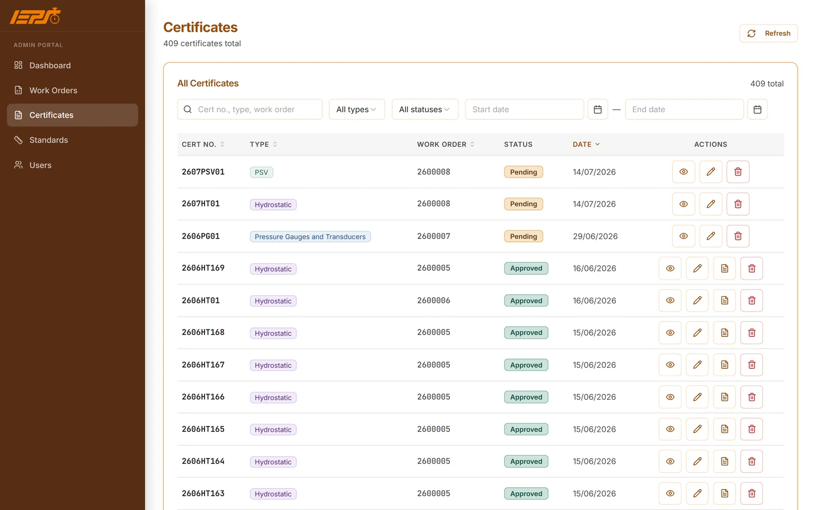 IEPS certificates list with type, work order, status and date