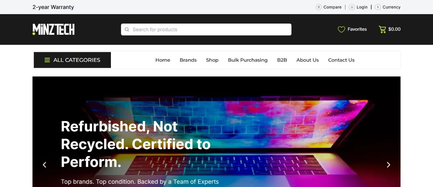 MinzTech storefront homepage with the headline “Refurbished, Not Recycled. Certified to Perform.”